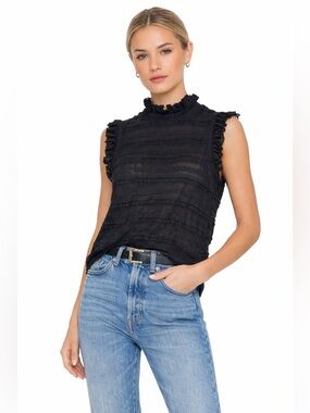 Cinq à Sept Black Lace Ruffle Sleeveless Top Mock Neck Sheer Blouse size M